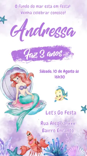 Convite de Aniversário Pequena Sereia Ariel para Editar Online