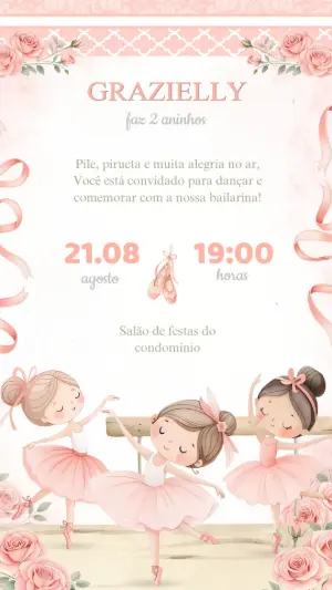 Convite de Aniversário Bailarina Delicada para Editar Online