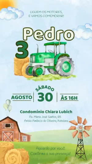 Convite Aniversário Trator Fazendinha para Editar Online