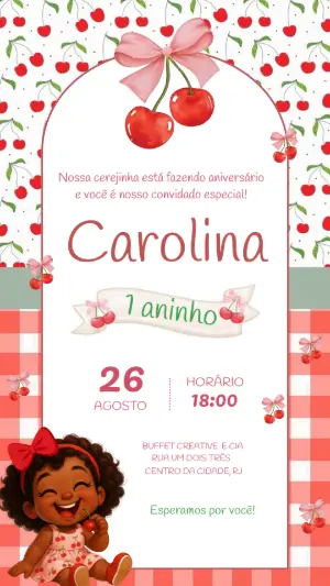 Convite Aniversário Cerejinha Menina Fofo Modelo Editável