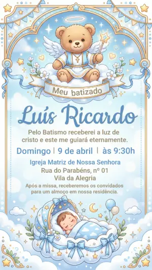 Convite de Batizado Menino Ursinho Anjo Celestial Editável