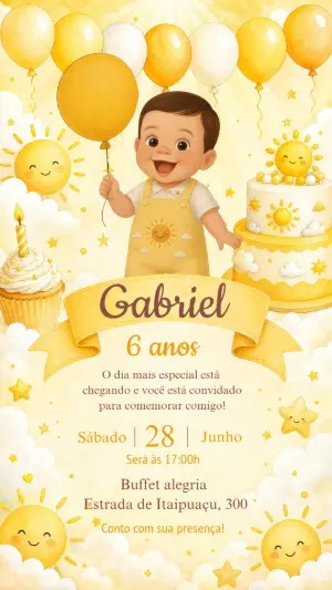 Convite de Aniversário Raio de Sol Amarelo Editável