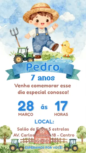 Convite Digital Aniversário Fazendinha Menino para Editar