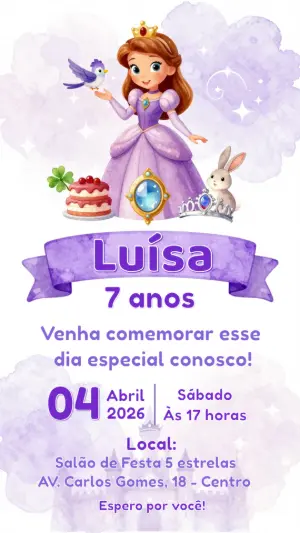 Convite Digital Princesa Sofia Aquarela Editável para Aniversário
