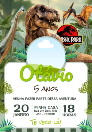 Convite de Aniversário Jurassic Park com Foto Modelo Editável