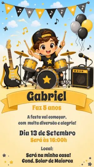 Convite de Aniversário Baterista: Modelo Digital para Editar