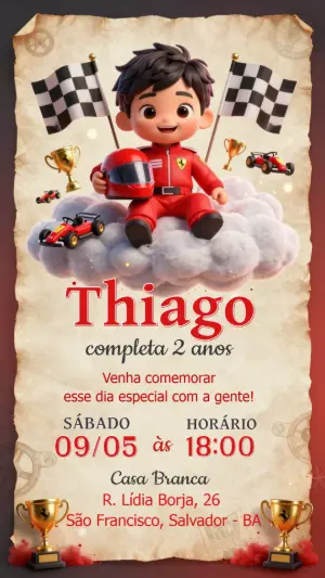 Convite de Aniversário Infantil Corrida de Carros para Editar