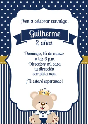 Invitación de Cumpleaños Osito Príncipe Azul Editable