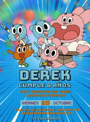 Invitación de Cumpleaños Gumball Editable y Colorida