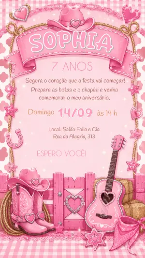 Convite de Aniversário Boiadeira Rosa Editável