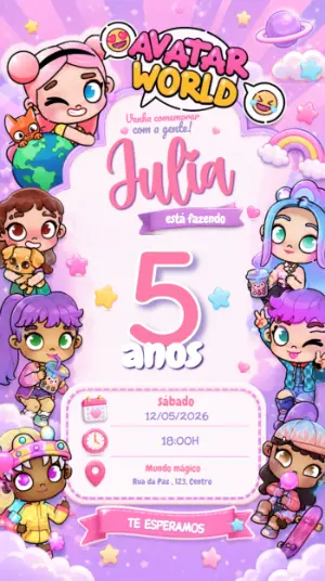 Convite de Aniversário Avatar World Colorido para Editar