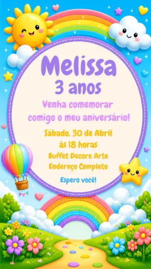 Convite de Aniversário Arco-Íris Fofo para Editar