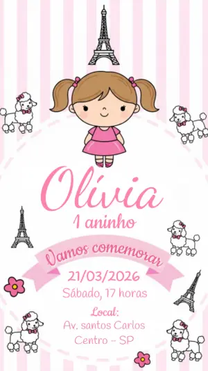 Convite Digital Aniversário Menina Paris Fofo para Editar