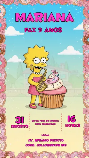 Convite de Aniversário Lisa Simpson e Donuts Modelo Editável