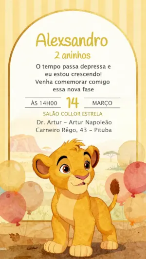 Convite de Aniversário Infantil Rei Leão Simba Editável
