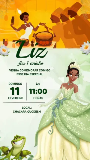 Convite Animado Aniversário Princesa Tiana para Editar Online