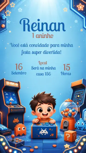 Convite de Aniversário Gamer Arcade para Editar Online