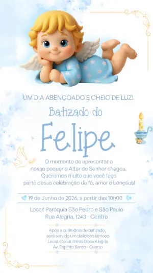 Convite Digital Batizado de Menino Anjinho Azul Editável