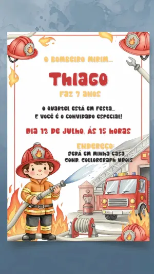 Convite de Aniversário Bombeiro Mirim para Editar Online