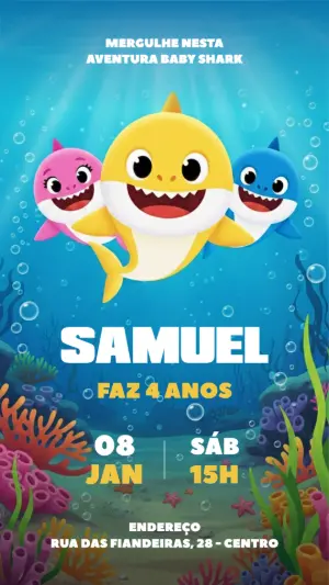 Convite de Aniversário Baby Shark Fundo do Mar Editável