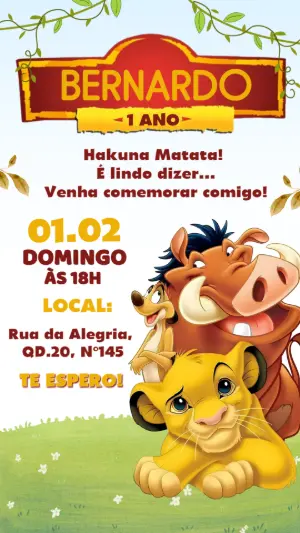 Convite Digital Infantil Tema O Rei Leão para Editar