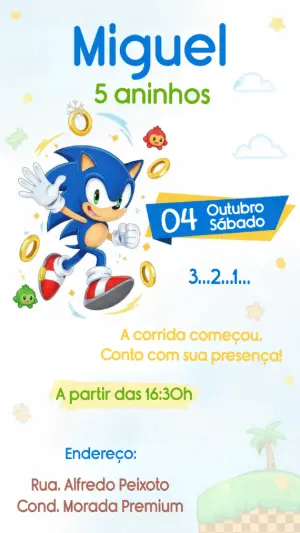 Convite Digital Aniversário Infantil Tema Sonic Editável