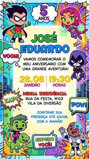 Convite de Aniversário Jovens Titãs em Ação Editável