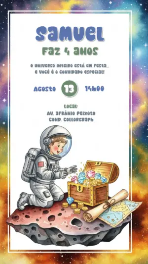 Convite Aniversário Astronauta Tesouro no Espaço para Editar