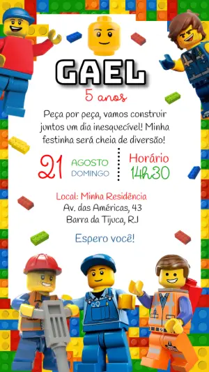 Convite de Aniversário Lego com Personagens para Editar Online