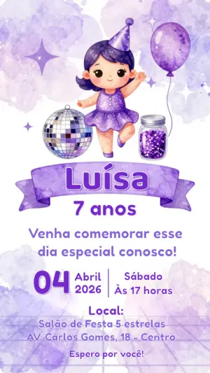 Convite de Aniversário Infantil Roxo Tema Disco Editável