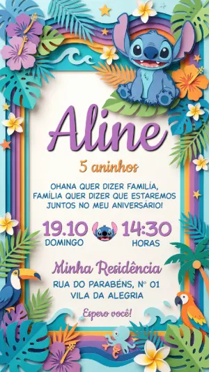 Convite de Aniversário Stitch Tropical Papercraft Editável