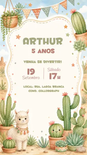 Convite Digital Aniversário Lhama Boho Editável