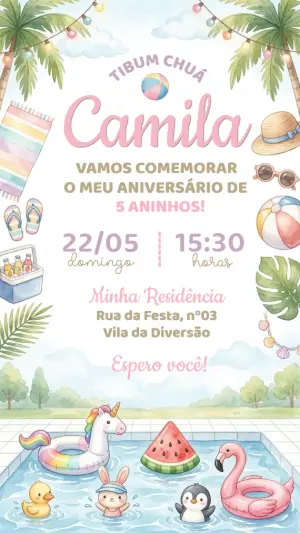 Convite Aniversário Pool Party Aquarela para Editar