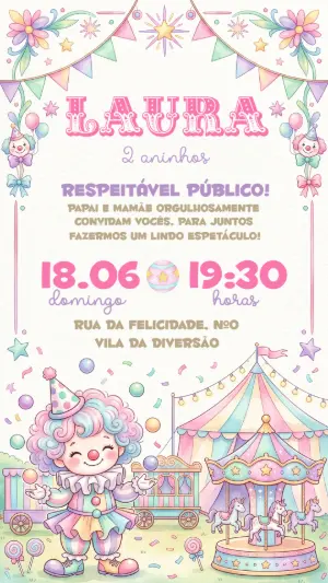 Convite Aniversário Circo Menina Candy Color Editável