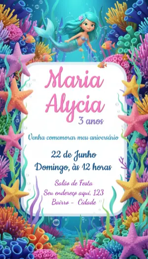 Convite de Aniversário Sereia Fundo do Mar para Editar