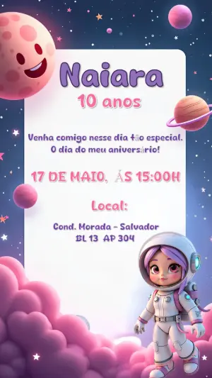 Convite Aniversário Astronauta Menina para Editar Online