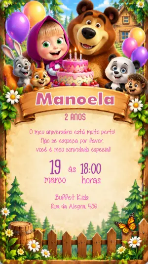 Convite de Aniversário Masha e o Urso Editável