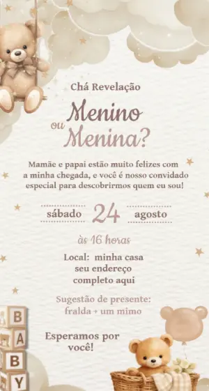 Convite Digital Chá Revelação Ursinhos Neutro para Editar