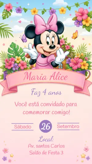 Convite Aniversário Minnie Mouse Tropical para Editar