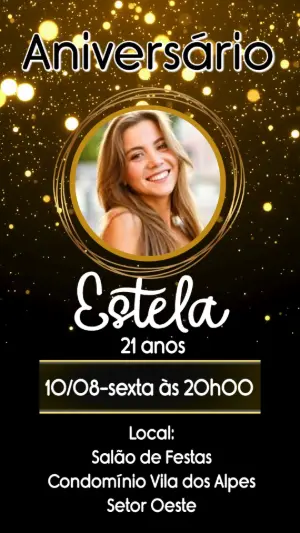Convite Animado de Aniversário Dourado com Foto para Editar