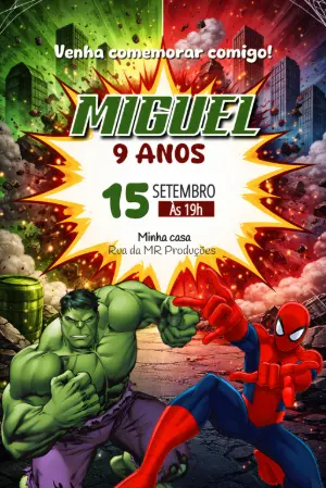 Convite de Aniversário Hulk e Homem-Aranha para Editar