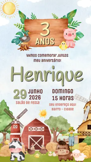 Convite de Aniversário Fazendinha Safari Aquarela para Editar