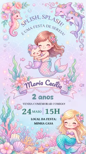 Convite de Aniversário Sereia Fofa Editável