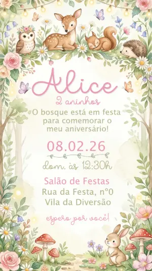 Convite de Aniversário Bosque Encantado Aquarela Editável