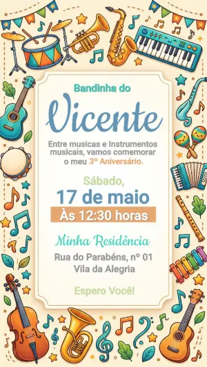 Convite de Aniversário Infantil Tema Música para Editar
