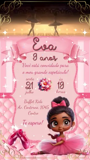 Convite Animado Aniversário Bailarina Morena para Editar Online