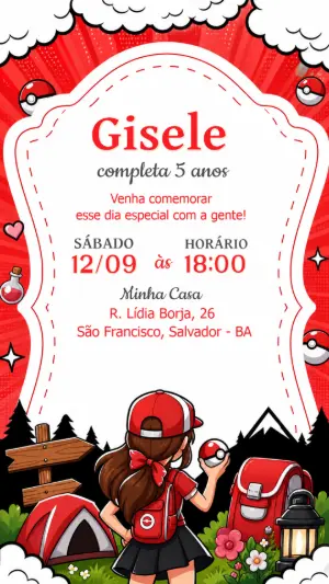 Convite Pokémon Treinadora Aniversário Editável