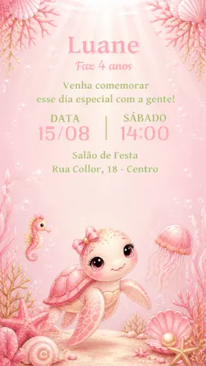 Convite Tartaruguinha Fundo do Mar Editável para Aniversário