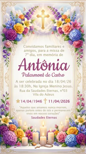 Convite de Missa de 7º Dia Floral e Religioso para Editar