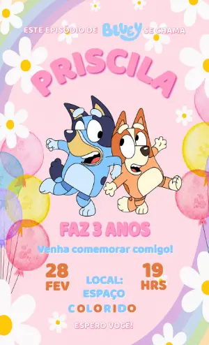 Convite de Aniversário Bluey Menina Colorido para Editar